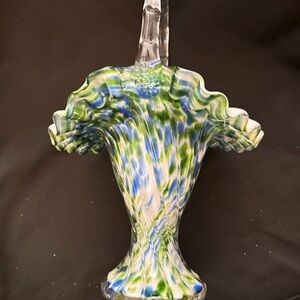 Fenton Aventurine Green with Blue Murrihina Glass Basket. Produced 1964-1968.